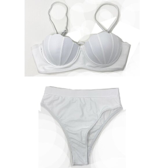 White 2-Piece Bikini High Waisted Scalloped Trim Balconette Push Up Top NWOT - Picture 2 of 13